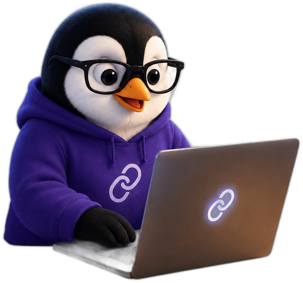 Penguin mascot working at a laptop, representing the LinkCraft team